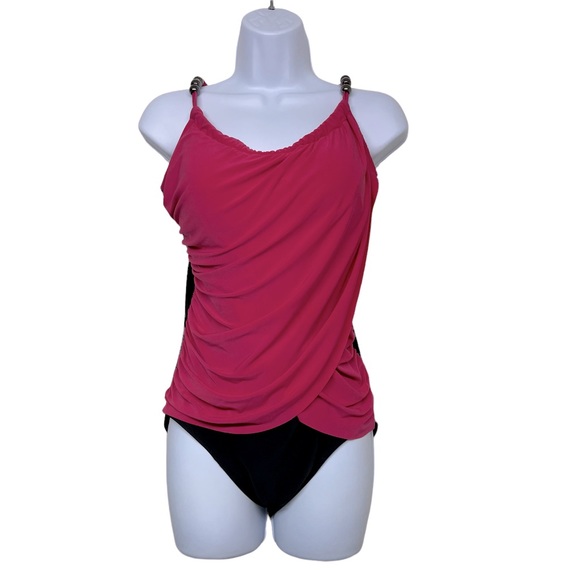 Aqua Green Other - AQU GREEN Swimsuit Fuchsia Black Ruched Wrap Draped Overlay One Piece Sz…